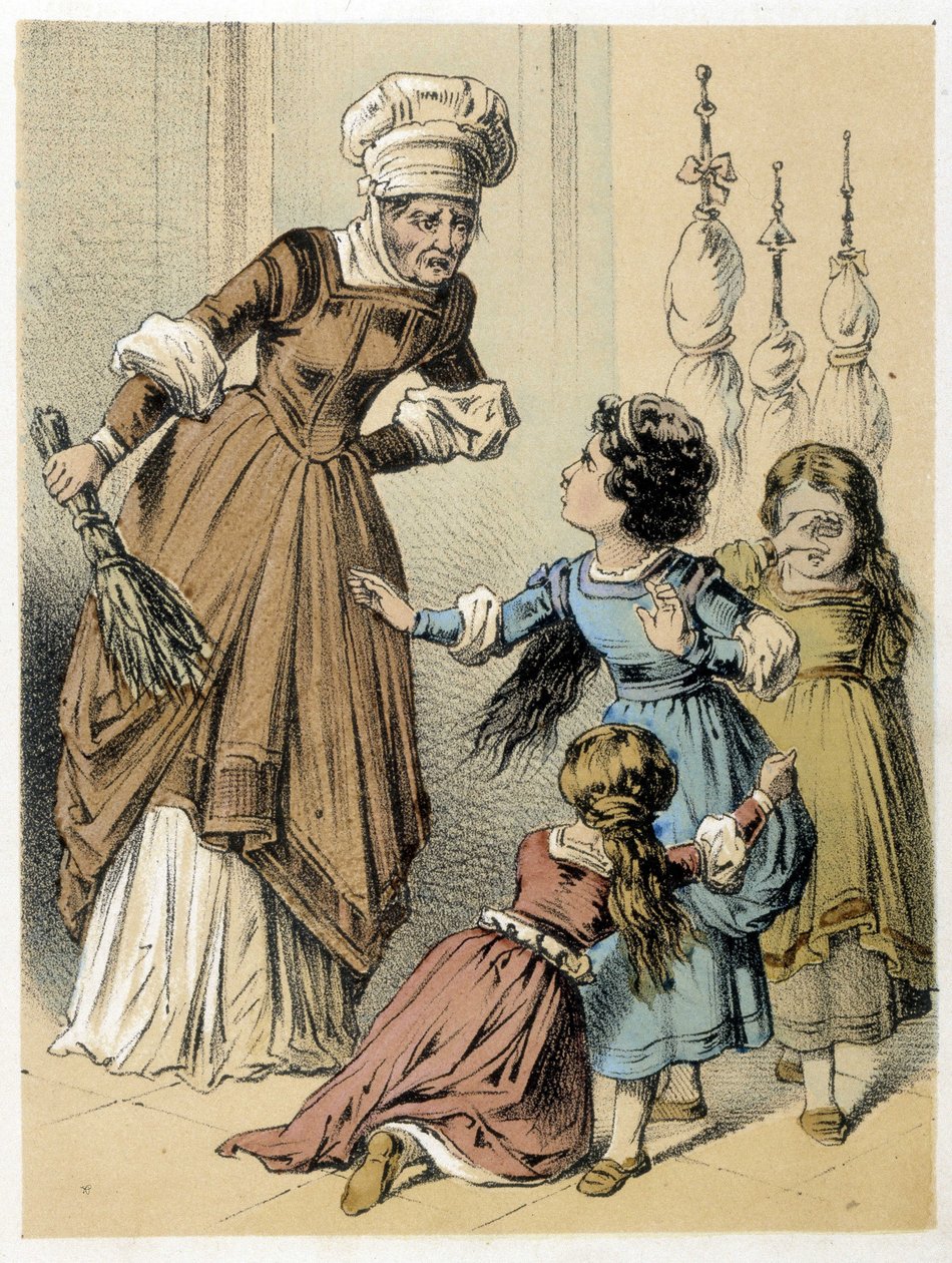 Ilustrace pohádek Franze Hoffmanna “”Tales et Fables - Les 3 Gifts”””: žena zneužila 3 dívky. Chromolitografie 19. století. od German School