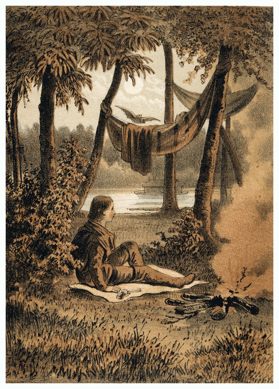 Ilustrace dobytí řeky Amazonky Evropany, instalace tábora v blízkosti řeky. v “”De Bootslieden der Amazon-river””, Karl Muller, Nizozemsko od German School