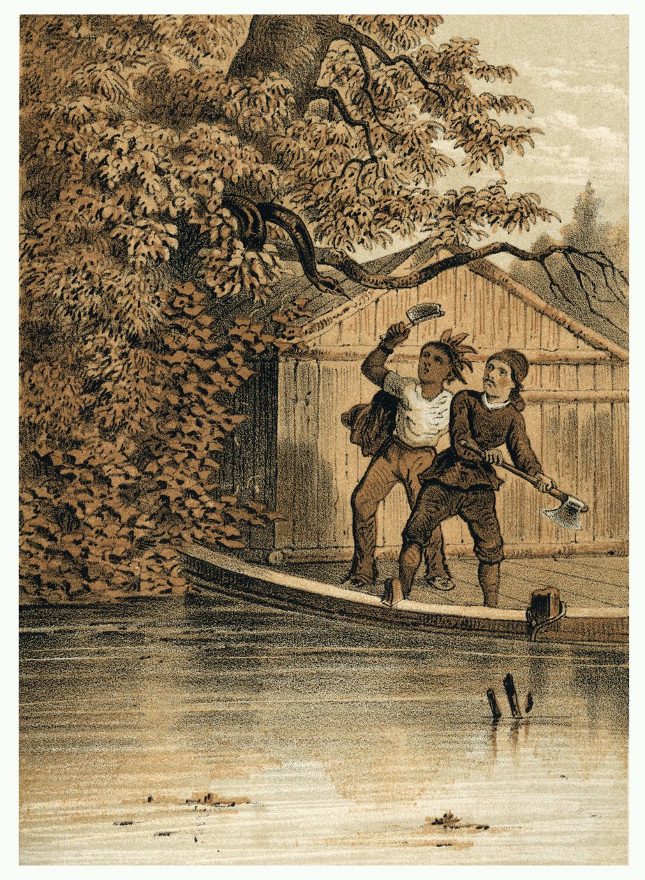 Ilustrace dobývání řeky Amazonky Evropany. v „De Bootslieden der Amazon-River“, Karl Muller, Nizozemsko od German School