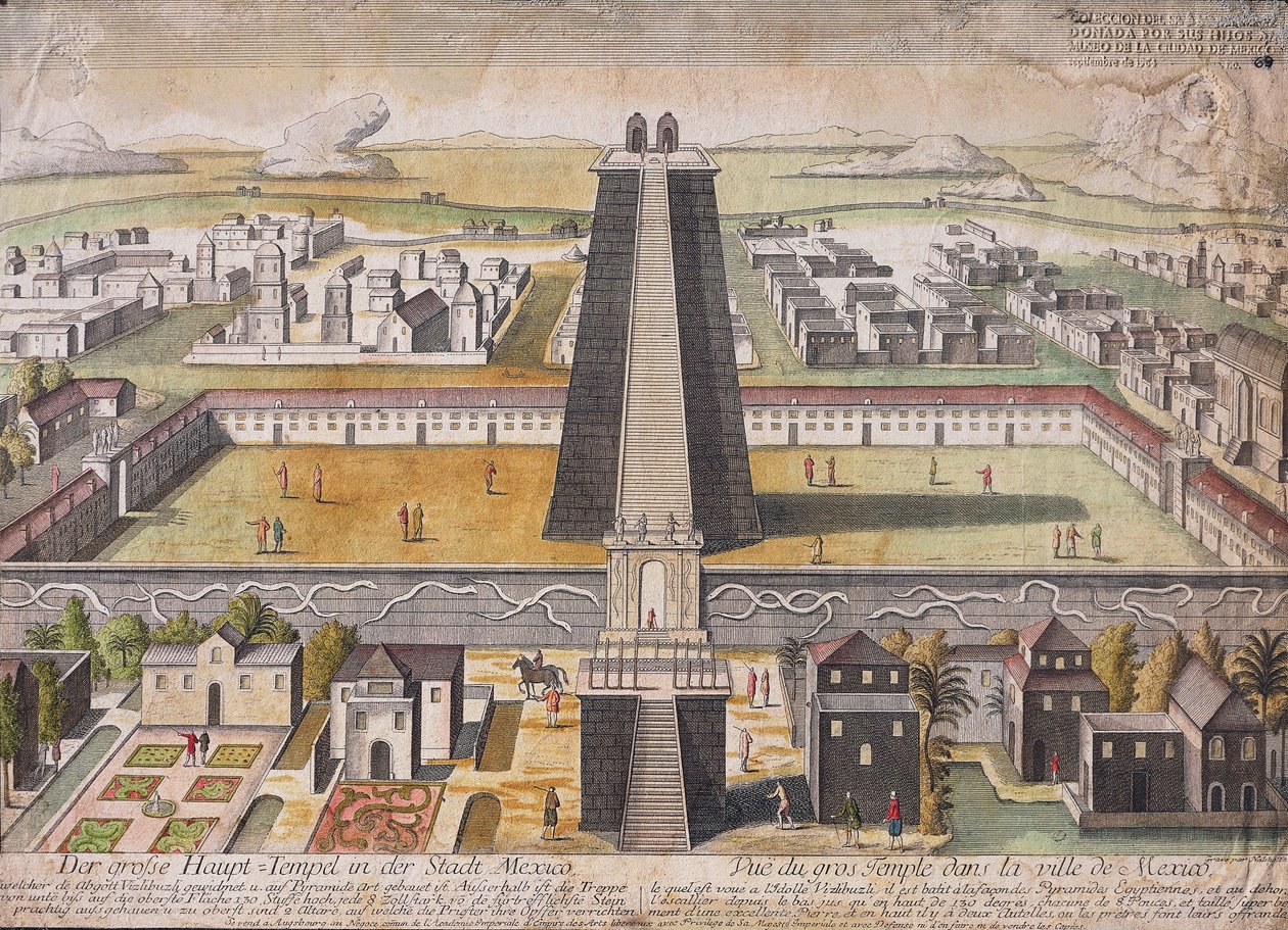 Imaginární rekonstrukce hlavního chrámu (Templo Mayor) v Mexico City (barevná rytina) od German School