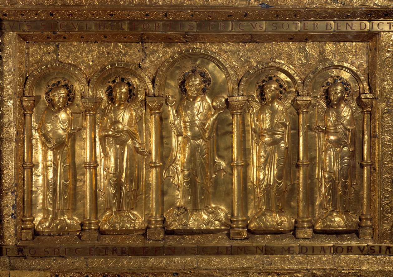 Před oltářem Cathedrale of Bale Kolem lavice Krista, tři archandělé (Michael, Gabriel a Raphael) a svatý Benedikt z Nursie a u jeho nohou císař Jindřich II řekl světec (973-1024) a sv. Impress Cunegonde (975-103 od German School
