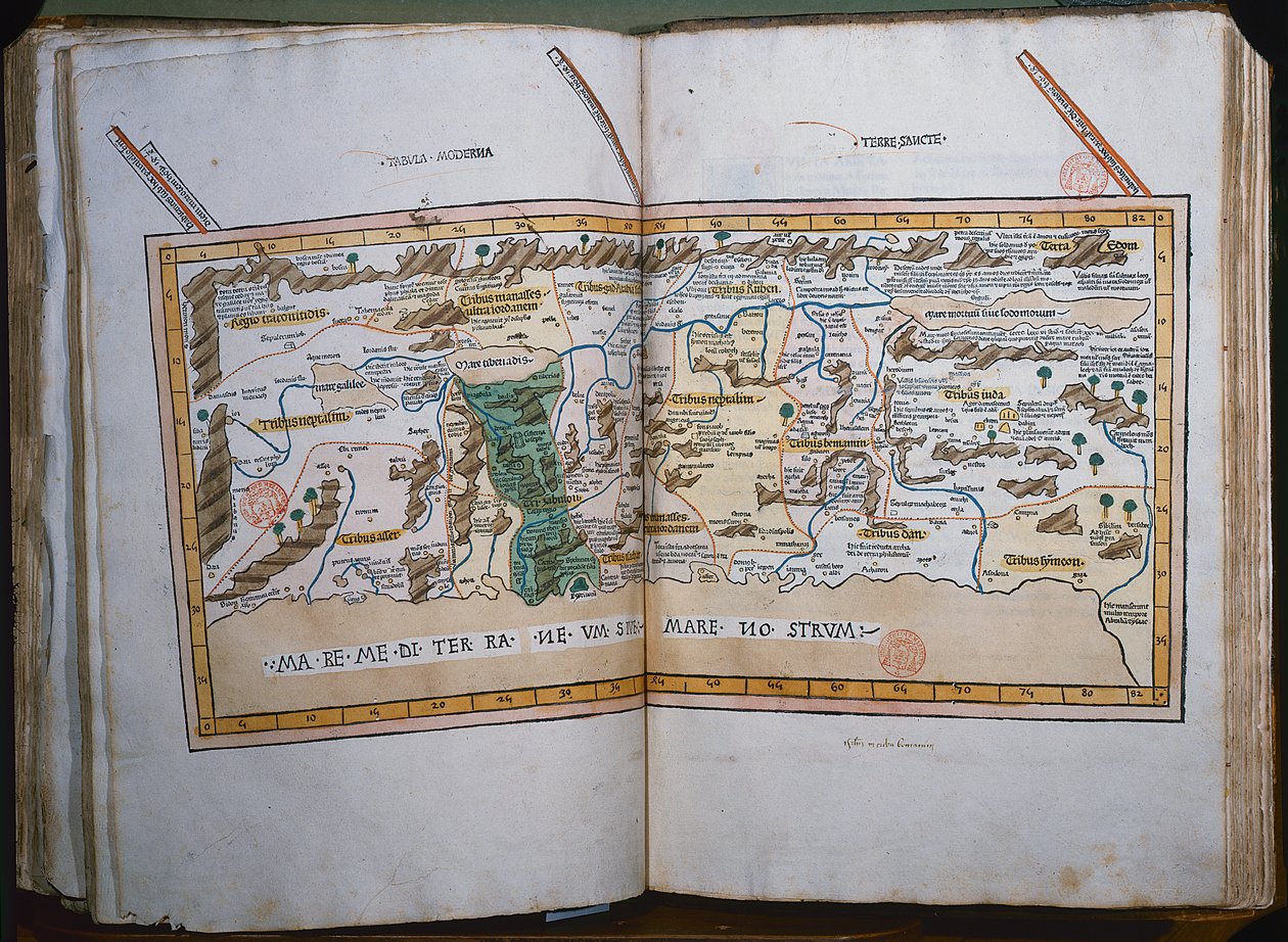 Inc. 425 Mapa Svaté země podle popisů a souřadnic uvedených v Cosmographice od Ptolemaia (Claudia Ptolemaea z Alexandrie) (asi 90-168 n. l.), kterou vydal Johann Reger v Ulmu v Německu. od German School