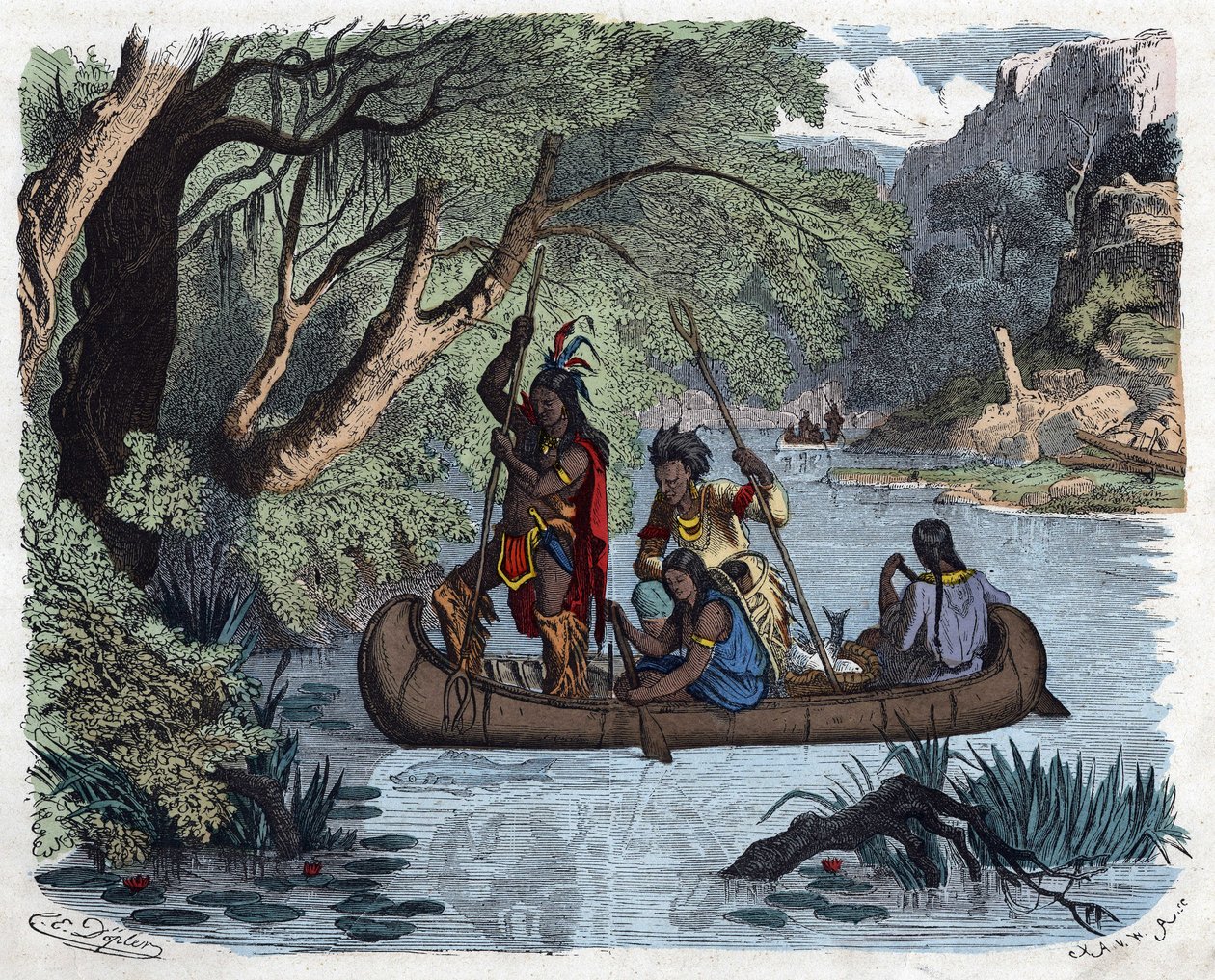Indiáni lovící na kánoi na řece v Americe. V „“ Wenn Jemand eine Reise thut, tak kann er was erzahlen““ (Když někdo cestuje, tohle může vyprávět), německá pohádka Franze Wiedemanna od German School