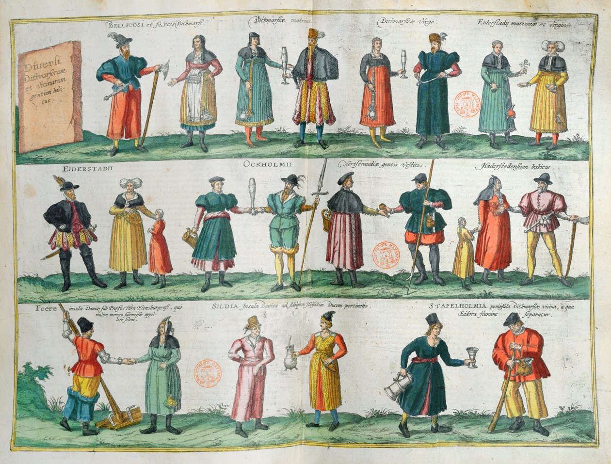 Obyvatelé Dithmarschenu (Dánsko), ilustrovaná deska z Theater des Cites du Monde od G. Brauna, Kolín, 1572-1618 od German School