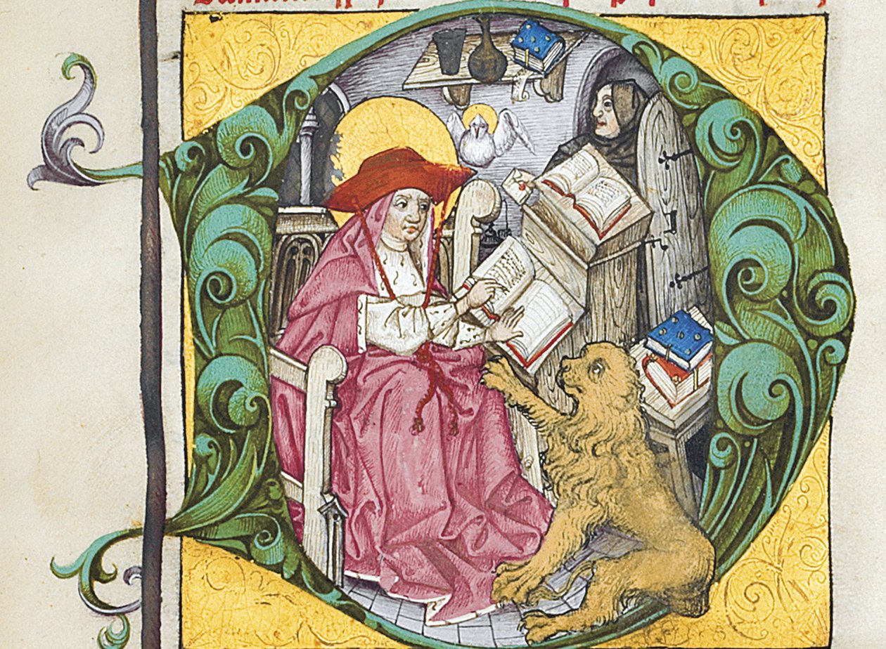 Iniciála D z Epistolae Hieronymus, dopisy a traktáty svatého Jeronýma, editoval Adrianus Brielis od German School