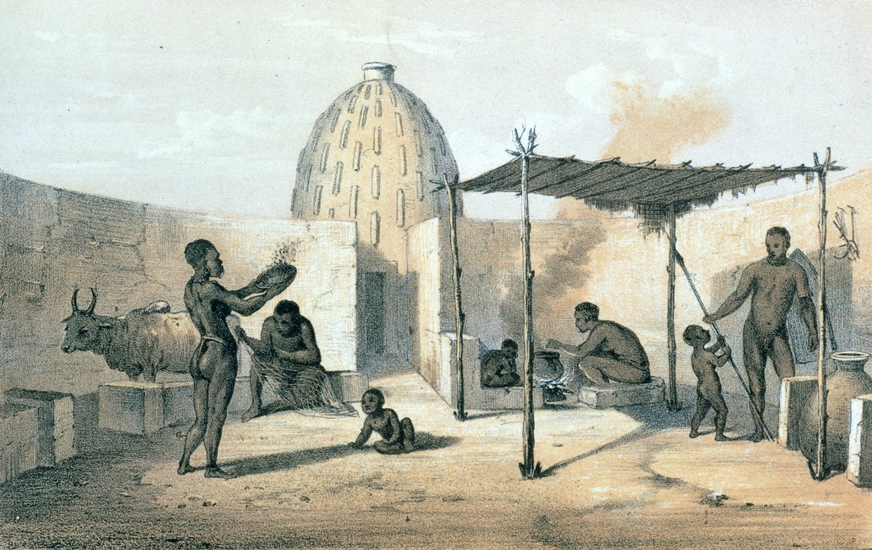 Interiér obydlí Musgu poblíž Čadu z knihy „Cesty a objevy v severní a střední Africe“ od Dr. Heinricha Bartha (1821-65) (litho) od German School