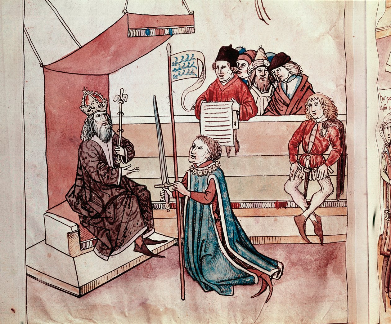 Investitura rytíře. Miniatura z „Kroniky kostnického koncilu“ od Ulricha Richentala (1360-1437) 1438 přibližně Praha, národní knihovna od German School