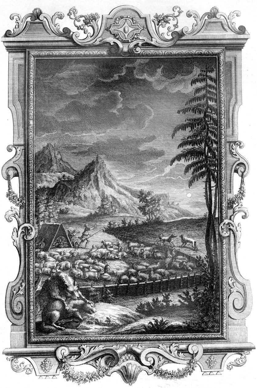Jacob, věrný pastýř, chránící své stádo ovcí před útokem vlků, 1731 (mědirytina) od German School