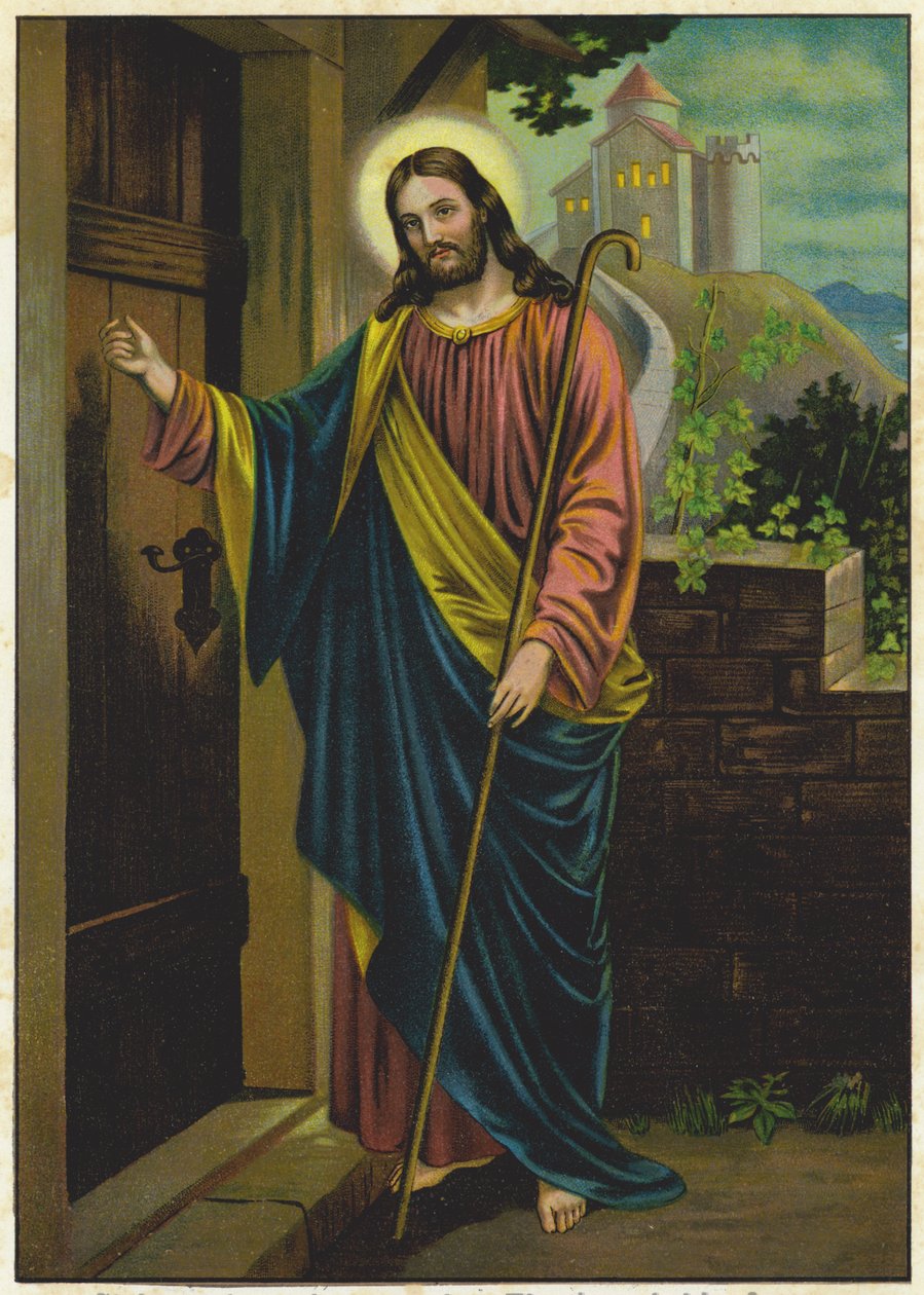 Ježíš klepe na dveře domu (barevná litografie) od German School