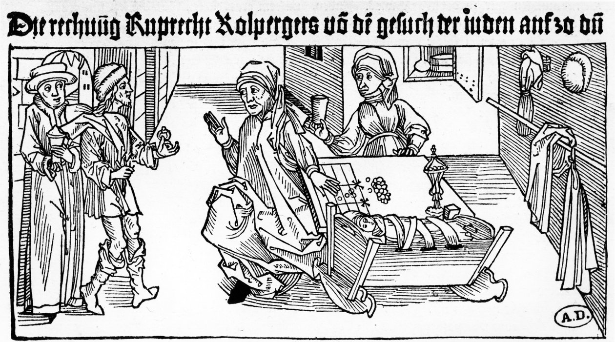 Židovský lichvář s rodinou přijímající klienty, 1491 (dřevoryt) od German School