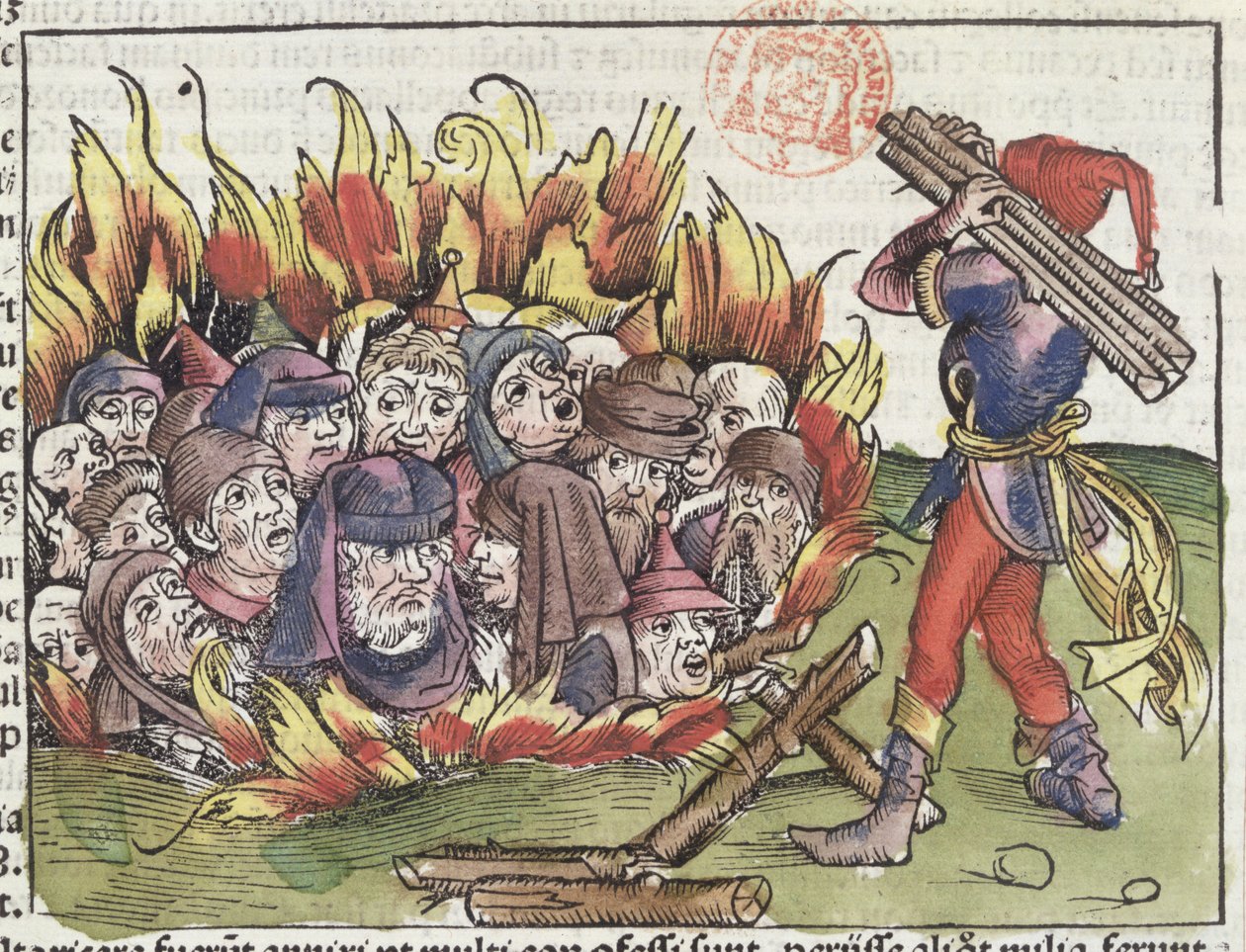 Židé upálení na hranici, z Norimberské kroniky od Hartmanna Schedela (1440-1514), 1493 (barevný dřevoryt) od German School