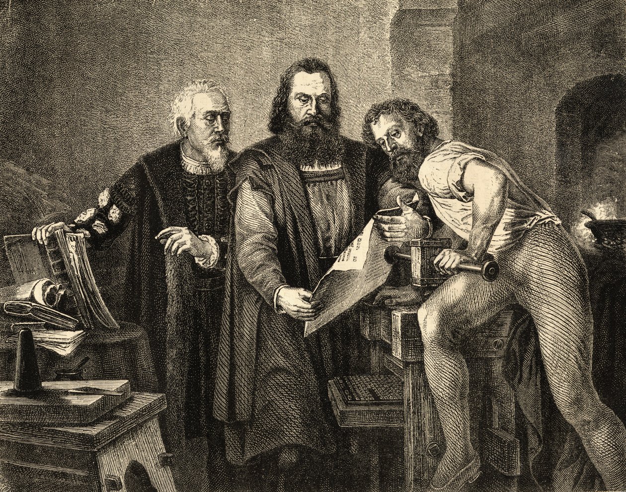 John Faust (asi 1400-66), John Gutenberg (1400-68) a Peter Schoeffer (asi 1425-1503) od German School