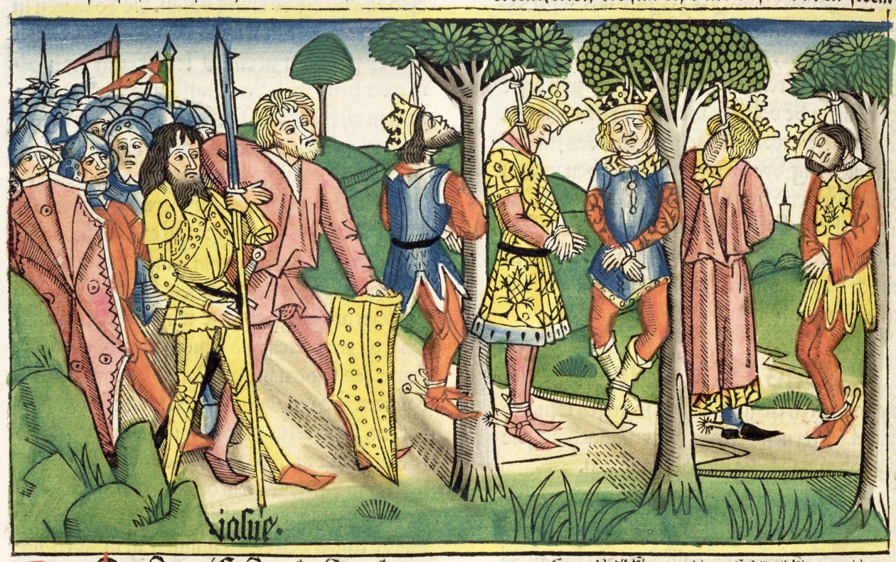 Joshua 10 16-27 Poprava pěti králů, z „Norimberské bible (Biblia Sacra Germanaica)“ (barevný dřevoryt) od German School