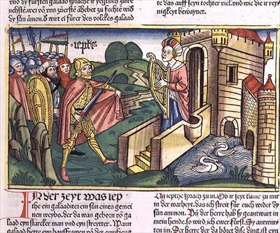 Soudců 11 29-40 Jeftova dcera vítá svého otce, z "Norimberské bible (Biblia Sacra Germanaica)" (kolorovaný dřevoryt) od German School
