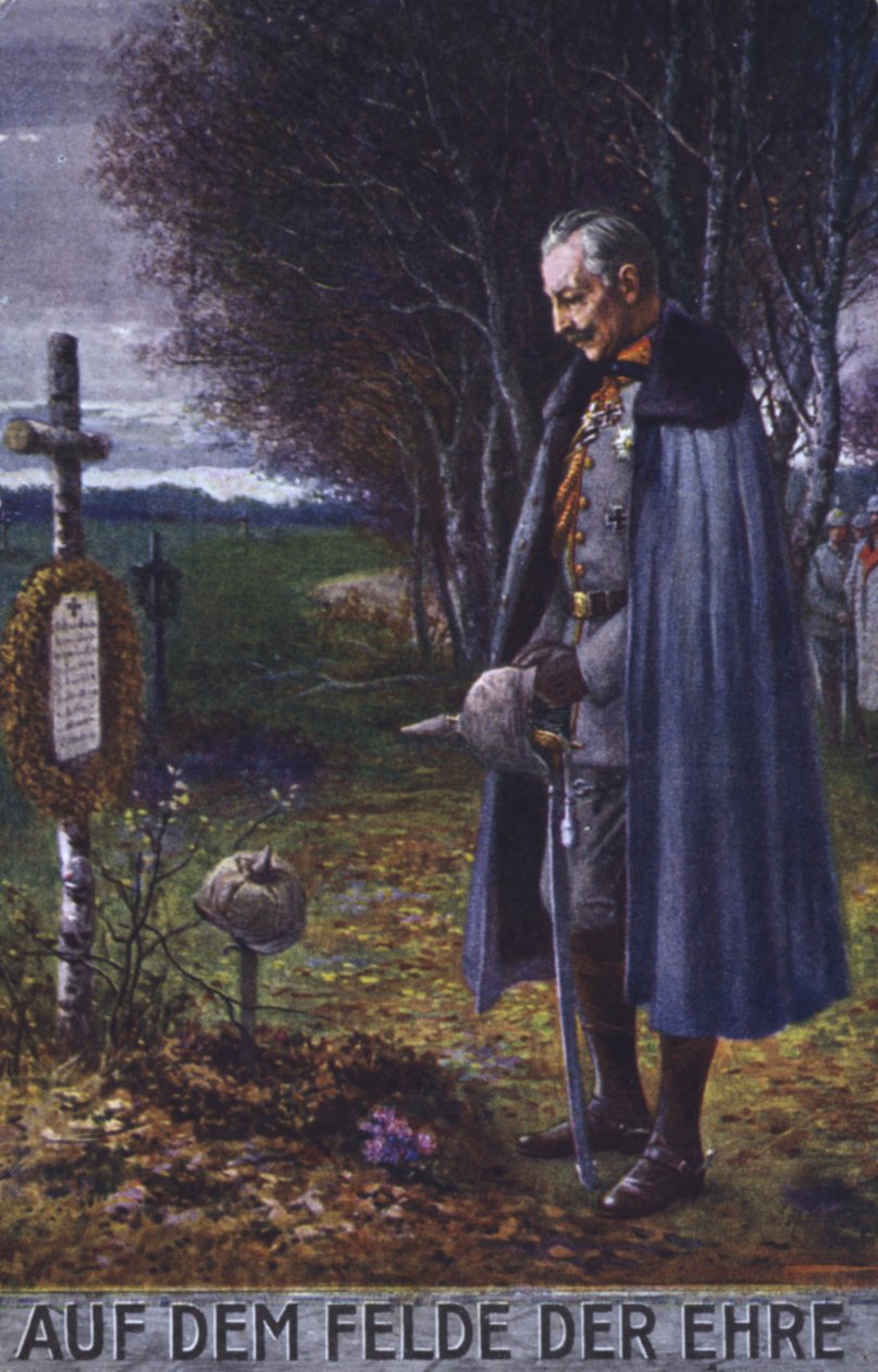 Císař Vilém II. se poklonil u hrobu německého vojáka (barevná litografie) od German School