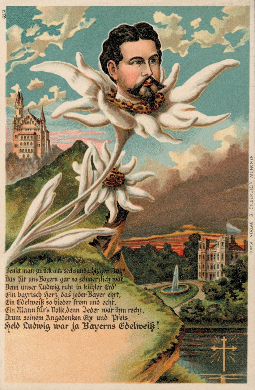Bavorský král Ludvík II. zobrazený jako edelweiss (chromolit) od German School