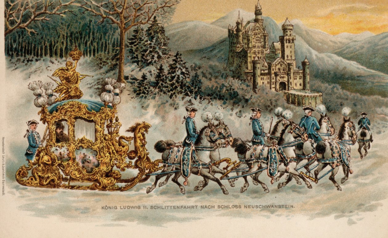 Bavorský král Ludvík II. přijíždí na zámek Neuschwanstein na zlatých saních (chromolit) od German School