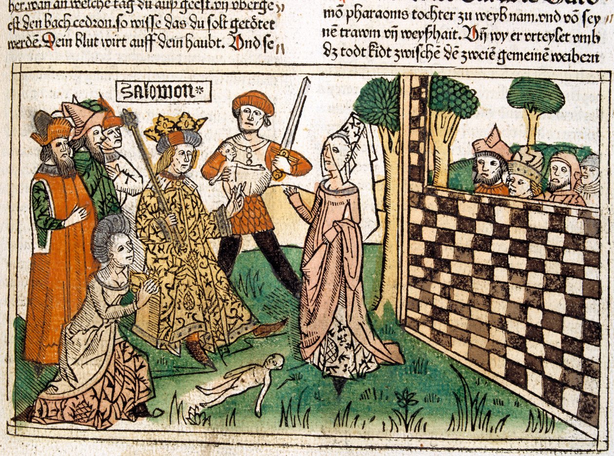 Rozsudek krále Šalamouna, scéna z Norimberské bible napsané ... od German School
