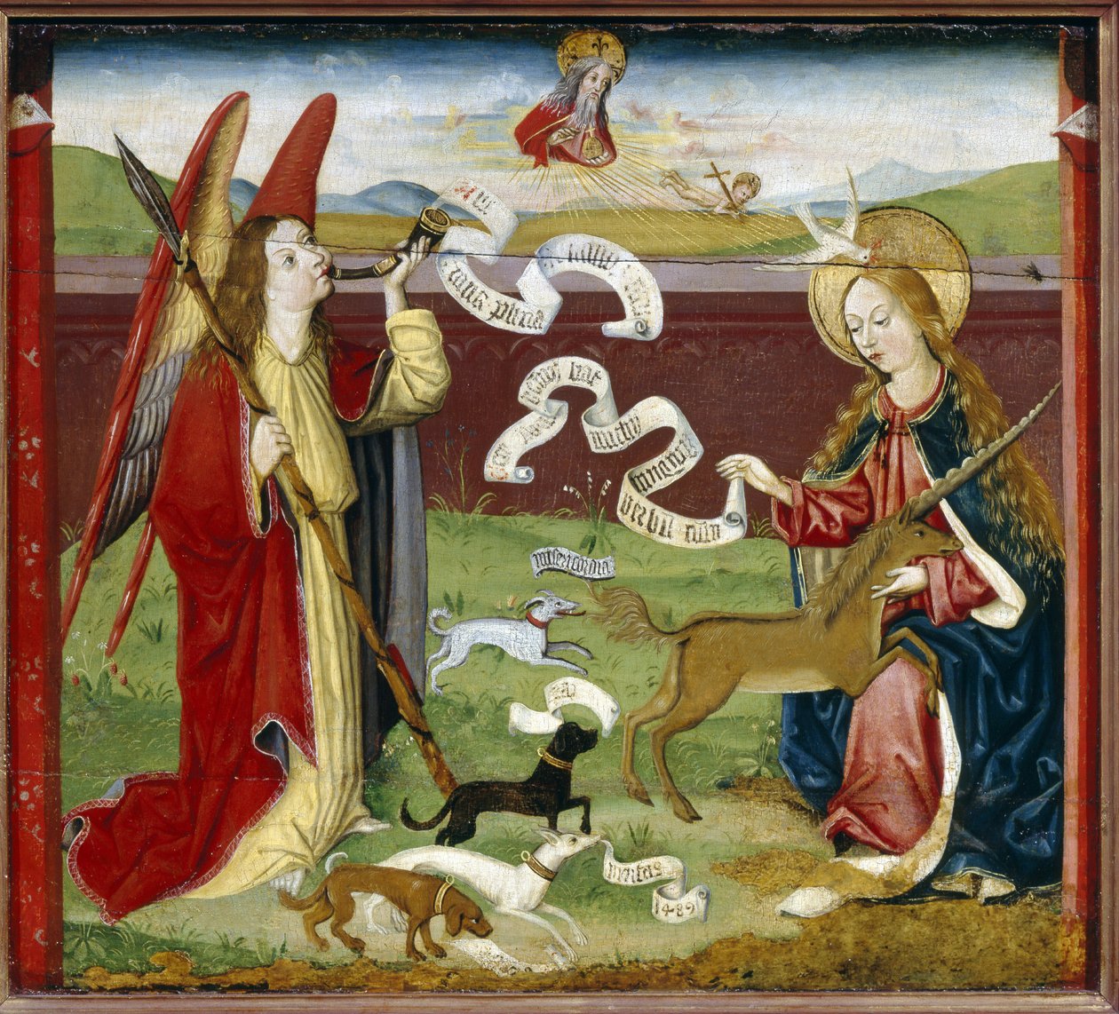 Zvěstování, mystický lov jednorožce (The Annunciation. The Mystic Hunt of the Unicorn). Archanděl Gabriel troubí na roh Boží poselství Panně Marii, která přijímá holubici Ducha svatého (Ducha Svatého), zatímco jednorožec od German School