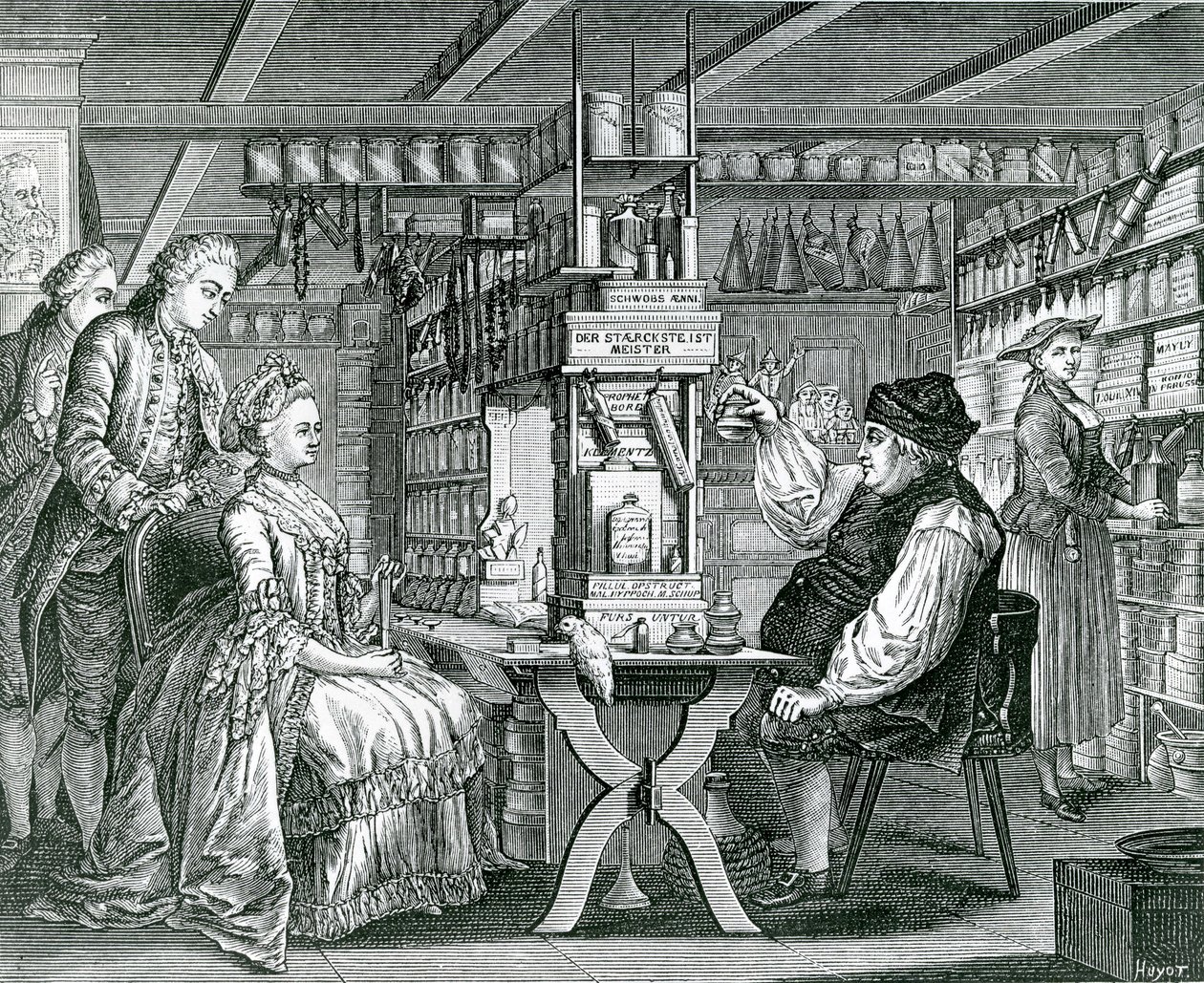Rustikální lékárna, tisk vytvořil Bartolomaus Hubner (1727-1795), 1774 od German School