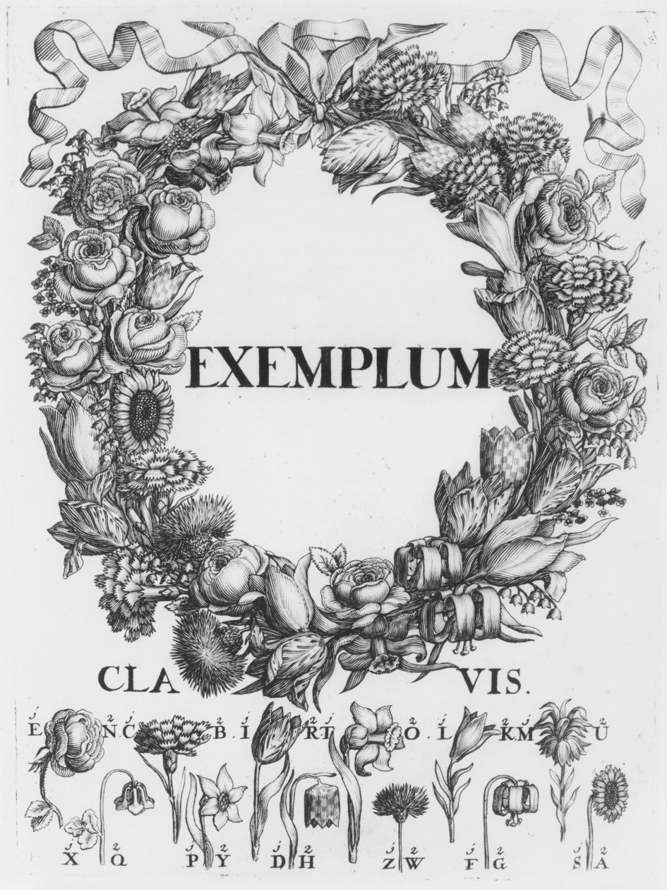 Jazyk květin, ilustrace z Cryptographia nebo tajné spisy Johanna Balthasara Fridericiho, vydané v Hamburku, 1685 od German School