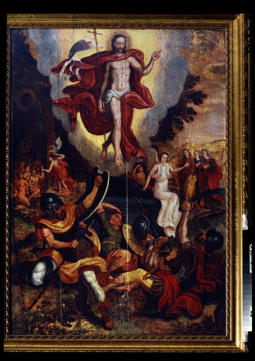 Nanebevstoupení Krista (Vzkříšení). Drží obuškový kříž (baton-croix), na jehož konci vlaje bílá vlajka (standard) udeřená červeným křížem. Vlevo sestup Ježíše Krista do limba. Malba od mistra al od German School