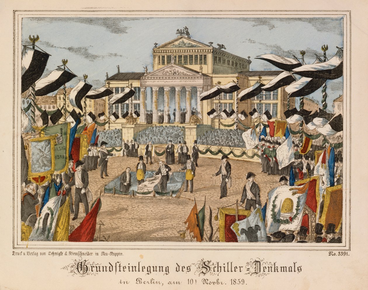 Položení základního kamene Schillerova pomníku na Gendarmenmarktu v Berlíně, 10. listopadu 1859, v pozadí Schauspielhaus, z publikace Neuruppiner Bilderbogen, kterou vydalo nakladatelství Oehmigle & Ri. od German School