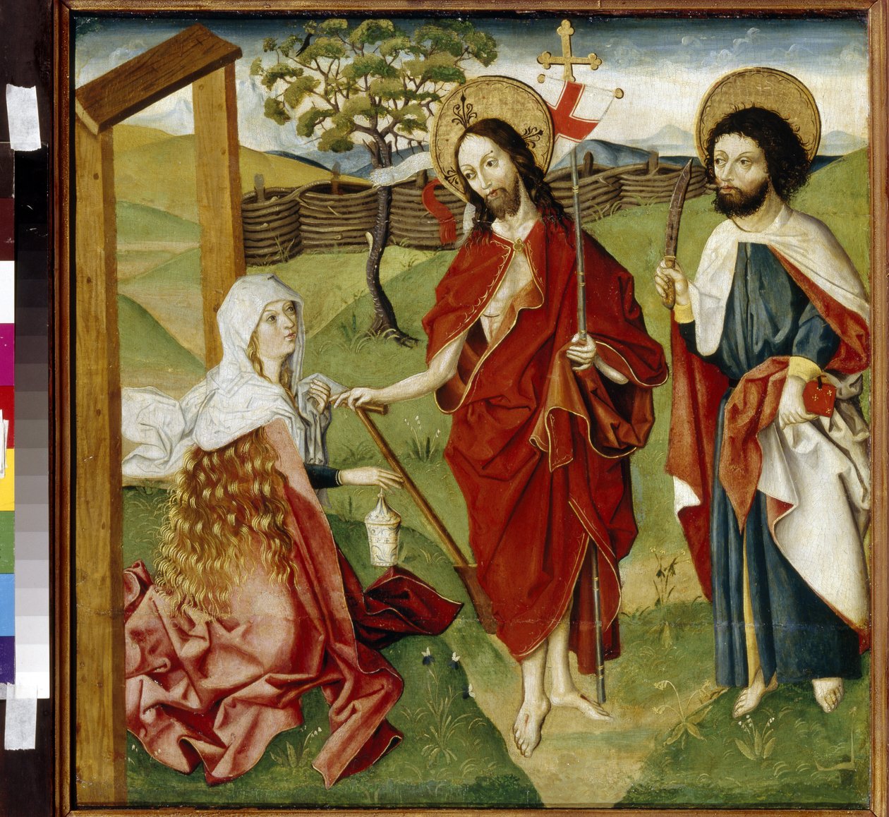 Kristus, Marie Magdalena a svatý Bartoloměj (nebo Natanael, apoštol) (Kristus, Marie Magdalena a svatý Bartoloměj). Může být reprezentací „Noli me tangere““: vize vzkříšeného Krista u svaté Marie Magdaleny. Ježíš Kristus drží roušku od German School