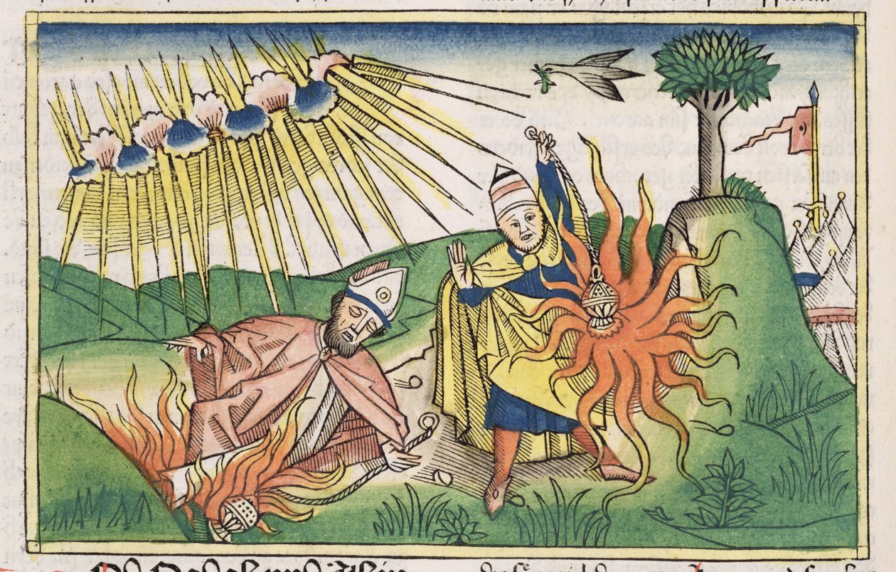 Leviticus 10 1-2 Nadab a Abihu nabízejí nesvatý oheň a zemřít, z norimberské bible (Biblia Sacra Germanaica) (barevný dřevoryt) od German School