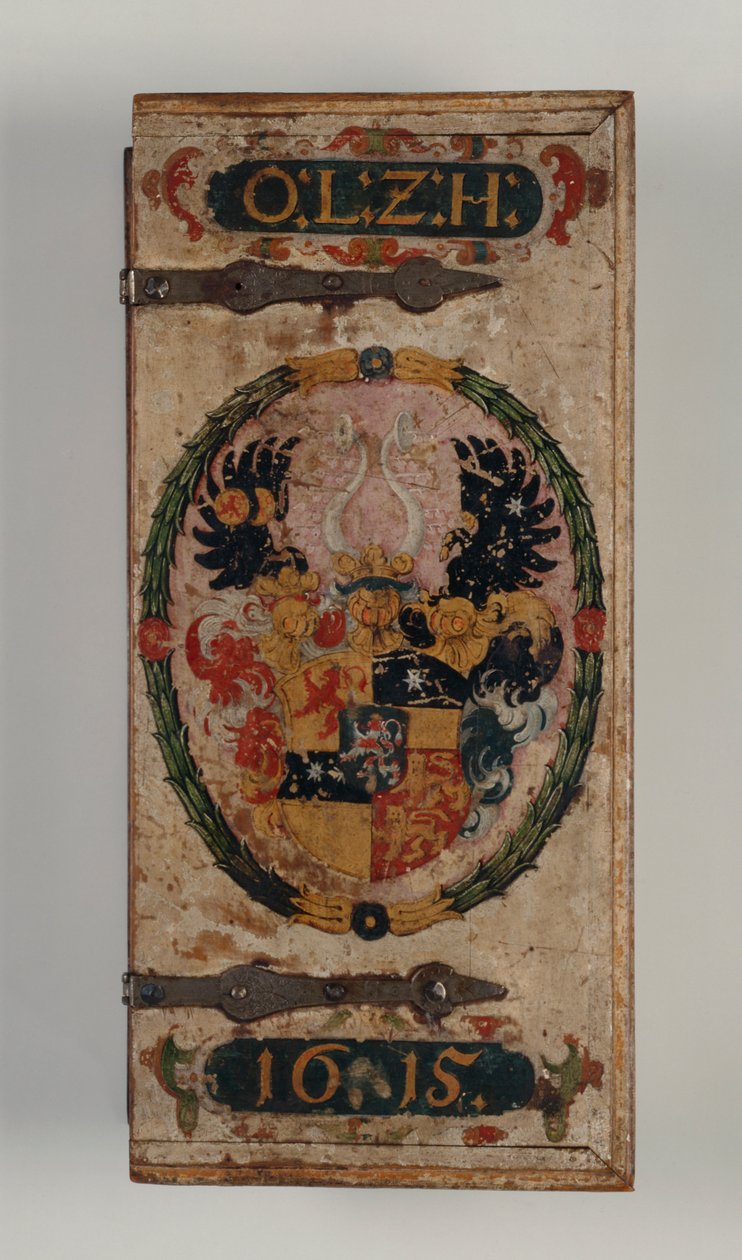 Víko schránky na šrouby do kuše patřící knížeti Otto von Hesse, 1615 (lakované dřevo) (viz také 312140-43) od German School
