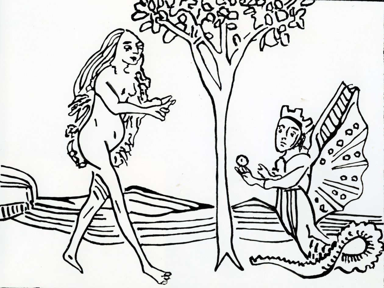 Lilith, okřídlená a korunovaná, s hadím ocasem, nabízí Evě jablko ze „Speculum Humanae Salvationis“, podle originálu z roku 1470 od German School