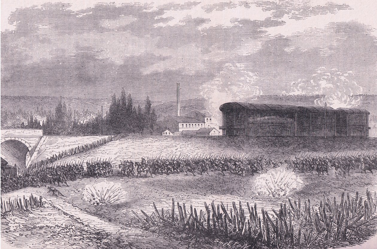 Lokomotivové baterie v akci, Cassells History of the War between France and Germany vydané společností Cassell and Company Limited, kolem roku 1890 (litho) od German School