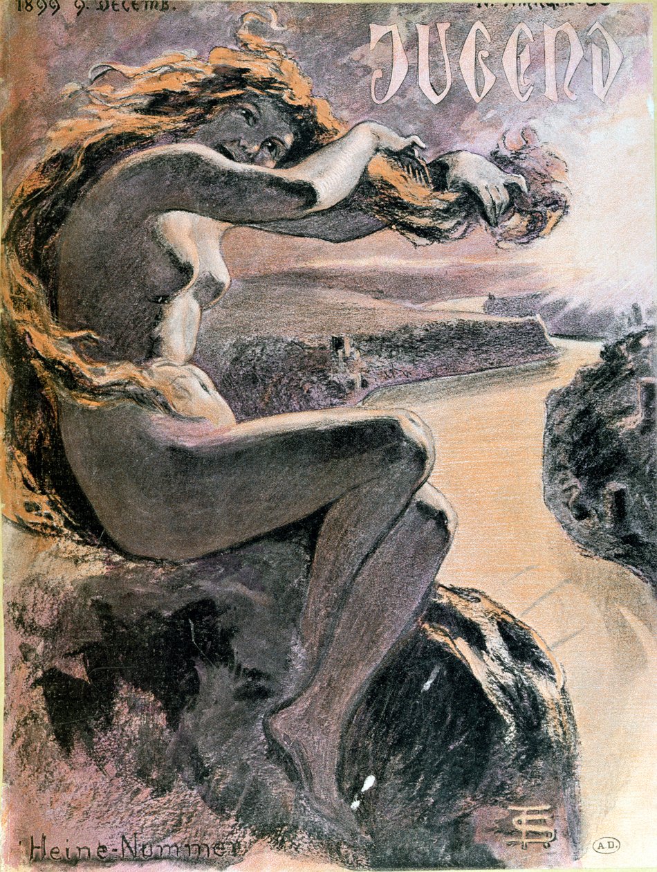 Lorelei a Rýn, obálka zvláštního čísla časopisu Jugend věnovaného básníkovi Heinrichu Heinemu (1797-1856), 9. prosince 1899 od German School