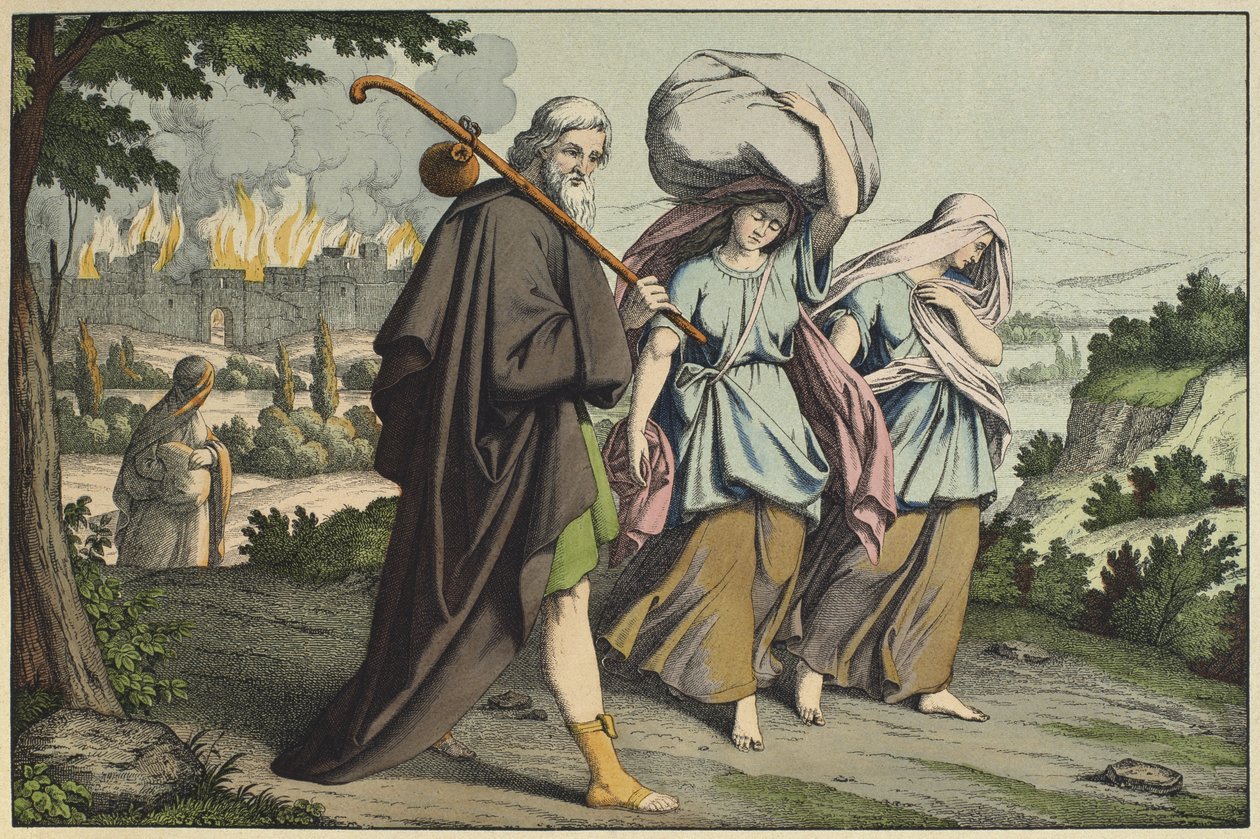 Lot a jeho dcery na útěku, ilustrace ze Starého zákona, vydal Jakob Ferdinand Schreiber, Esslingen (barevná rytina) od German School