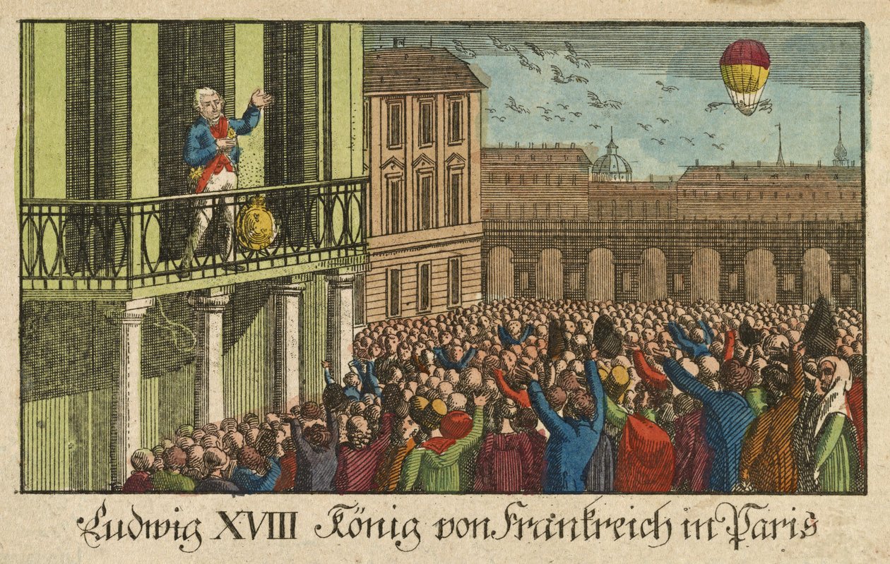 Ludvík XVIII král francouzský v Paříži, hospoda. 1814 (ručně kolorovaná rytina) od German School