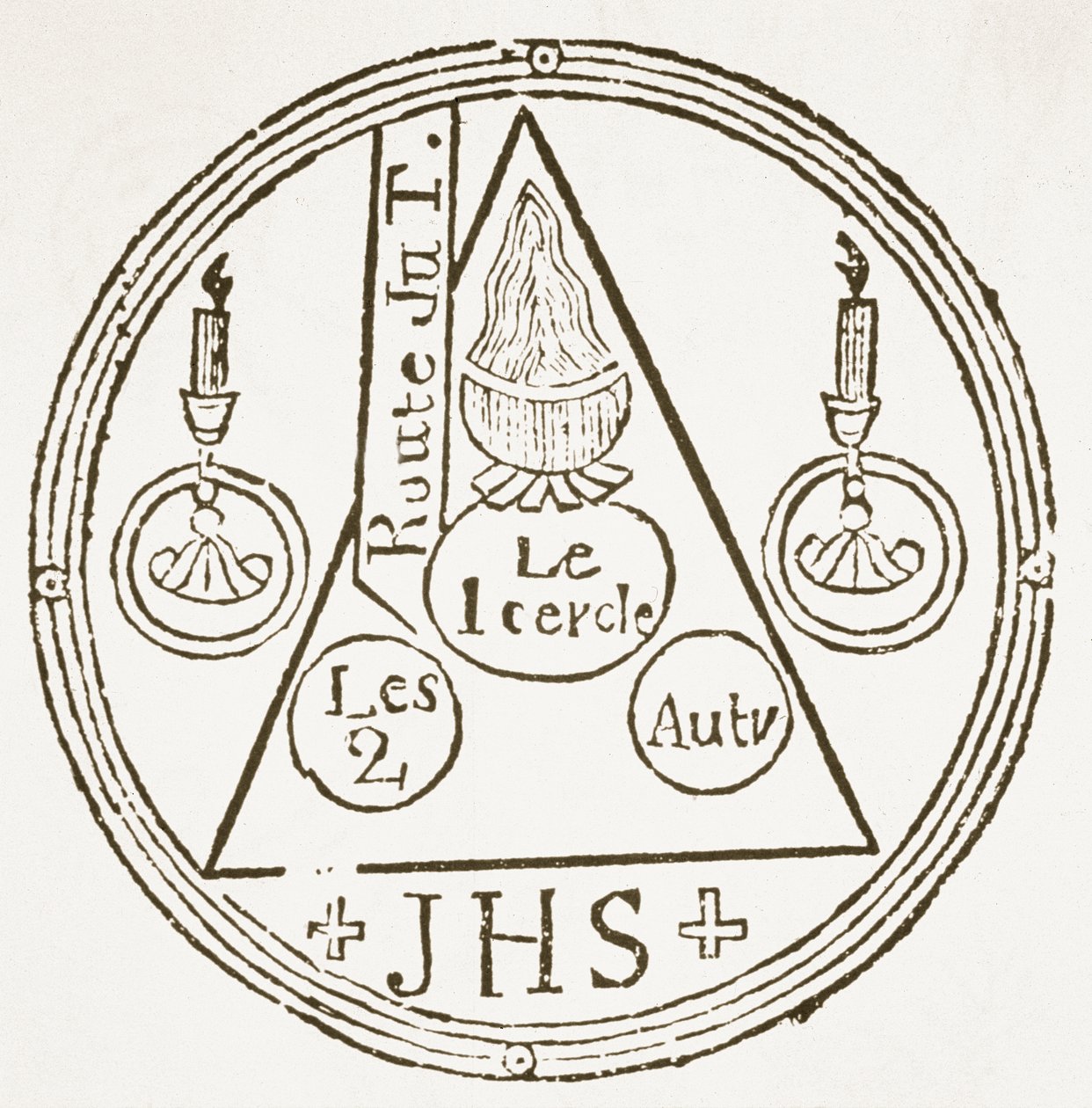 Magický kruh, kopie ilustrace z Dreyfacher Hollenzwang od Dr. Fautense, Passau 1407, reprodukováno v Das Kolster Vol V, od J Scheible, 1845, použité v Historii magie, vydané koncem 19. od German School
