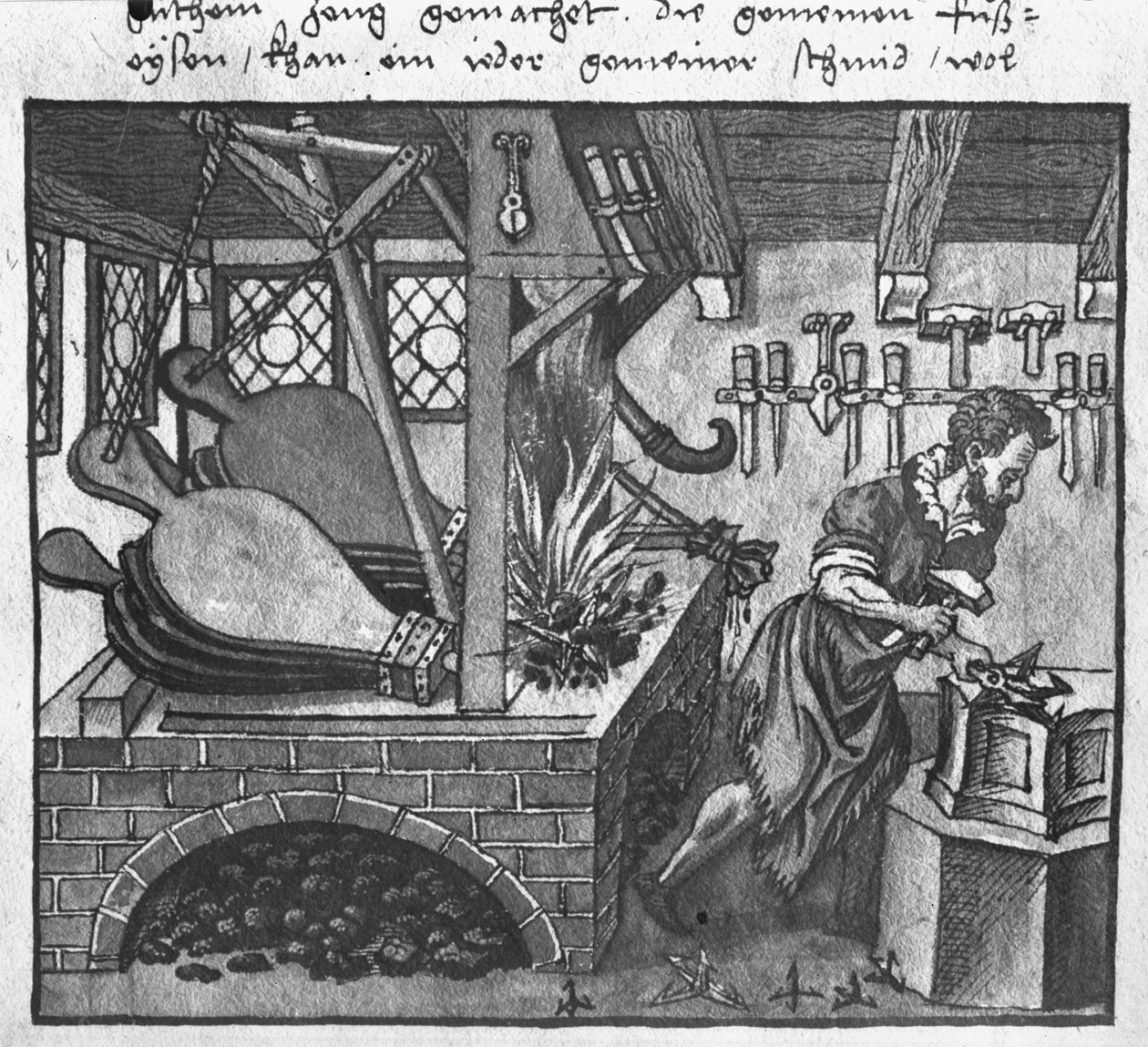 Výroba pastí, ilustrace z LArt de lArtillerie od Wolffa de Senftenberg, konec 16. století od German School