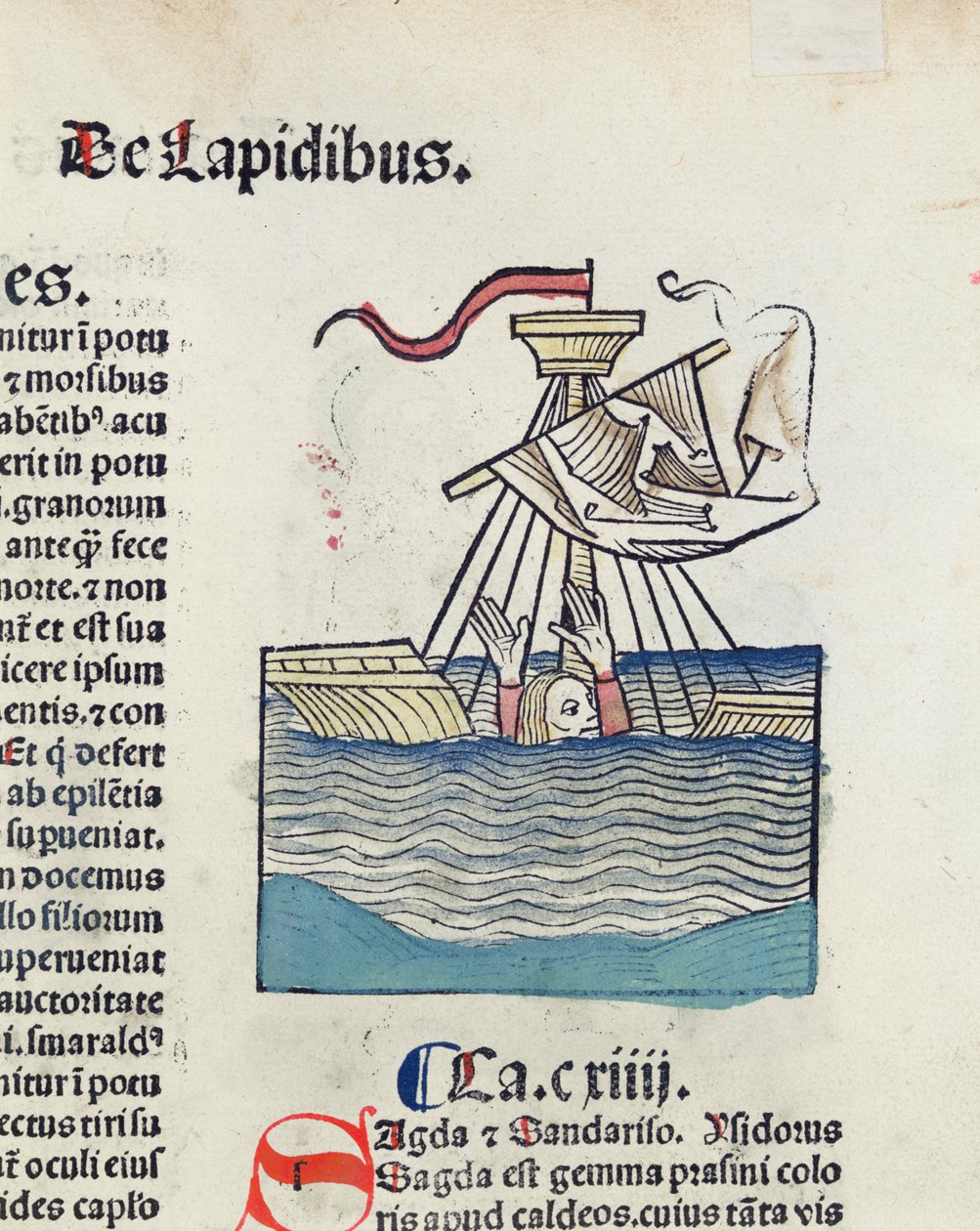 Muž sestupuje ve ztroskotané lodi, ilustrace z Hortus Sanitatis, 1491 (barevný dřevoryt) od German School