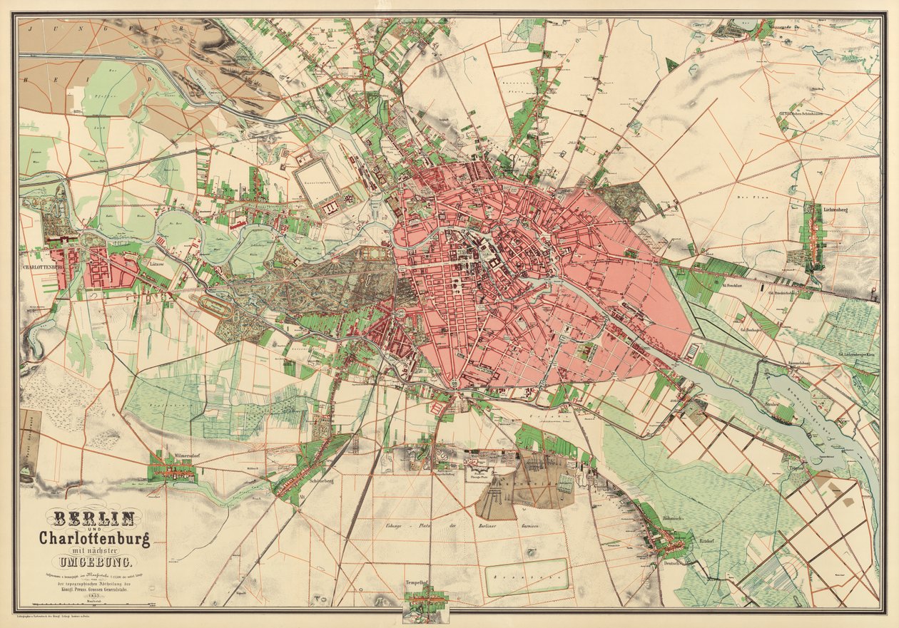 Mapa Berlína, vytiskl Koenigl. Lithogr. Institut, Berlín, 1857 od German School