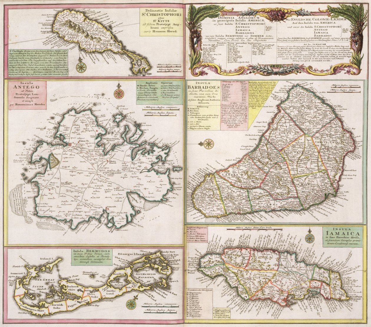 Mapa anglických kolonií v Karibiku, hospoda. od Homanns Heirs, Norimberk, kolem roku 1750 (podrobnosti viz 101837-38) od German School