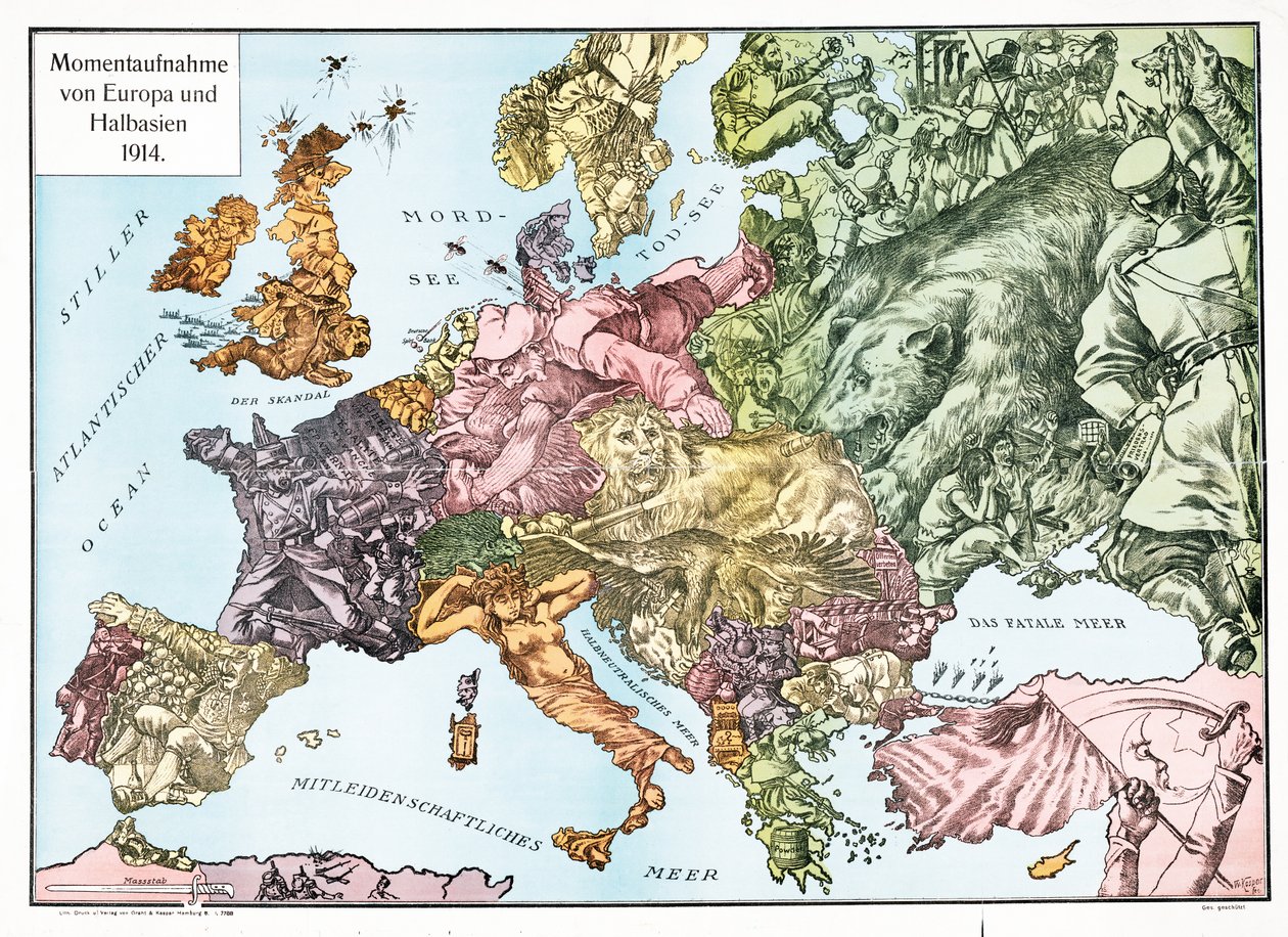 Mapa Evropy v roce 1914, vyd. 1915 (barevná litografie) od German School