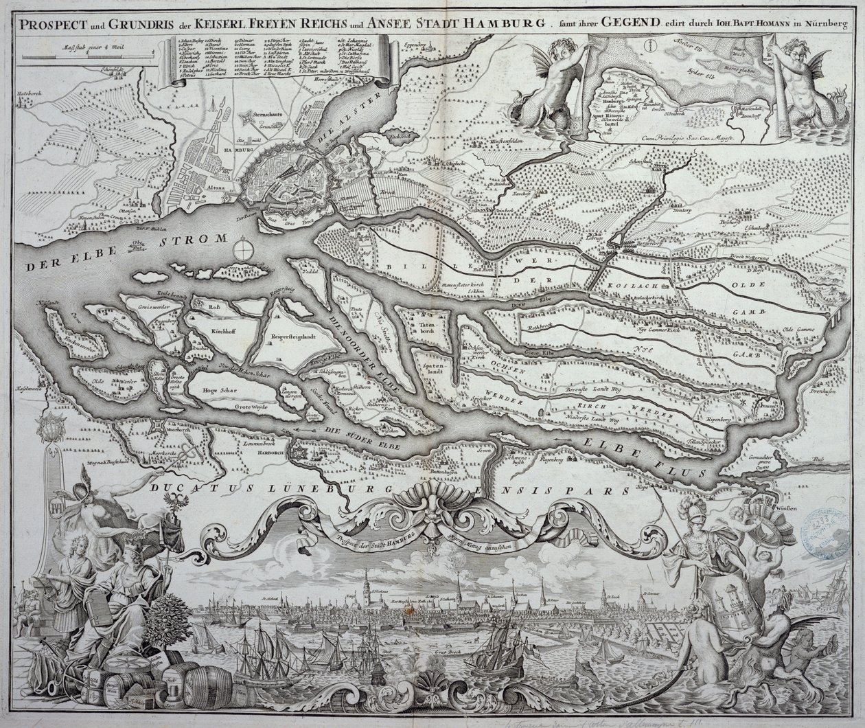 Mapa Hamburku a okolí, zveřejněná v Norimberku od German School