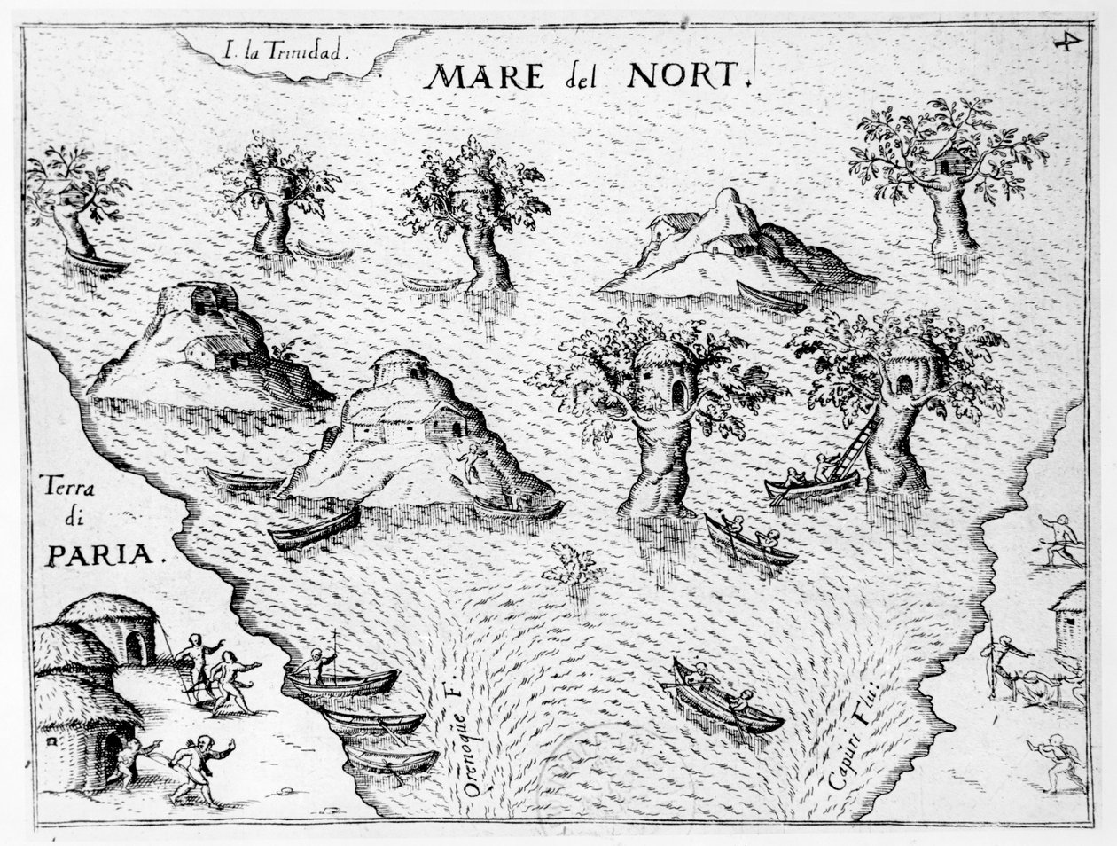 Mapa pobřeží Guyany, ilustrace z knihy Regni Guianae od G. Raleigha od German School