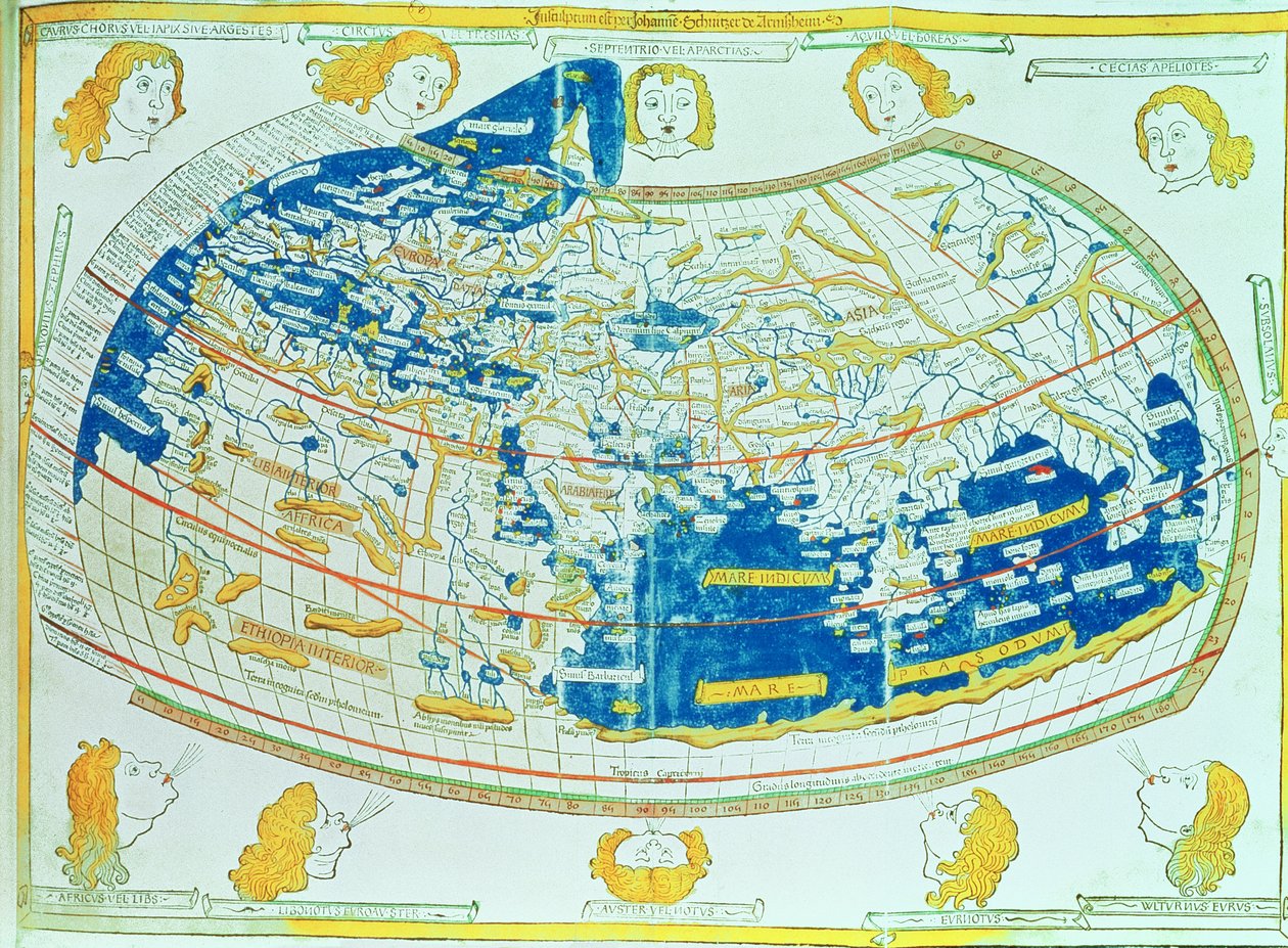 Mapa světa, založená na popisech a souřadnicích uvedených v „Geographia“, od Ptolemaia (Claudius Ptolemaeus z Alexandrie) (asi 90-168 n. l.), vydaná v Ulmu, Německo od German School