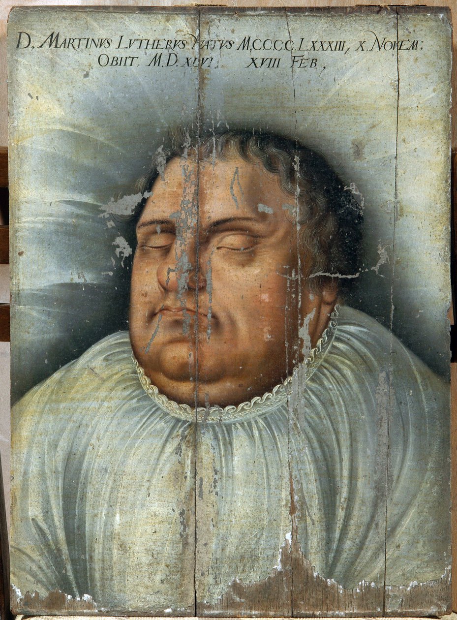 Martin Luther (1483-1546) na smrtelné posteli (M. Luther On His Deathbed). Anonymní obraz, olej na dřevě od German School