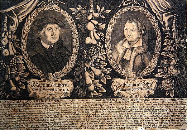 Martin Luther a jeho manželka Katharina von Bora (rytina) od German School