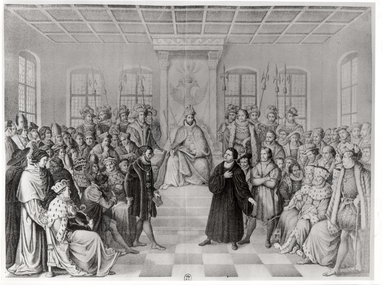 Martin Luther před Karlem V. (1500-58) na sněmu ve Wormsu, 16. dubna 1521, z „Historie Německa“ od German School
