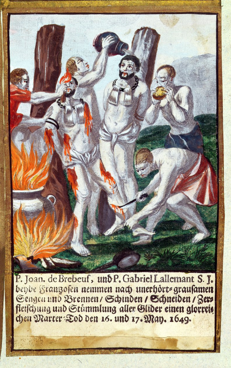 Mučednictví Jean de Brebeuf a Gabriel Lalemant Iroquois, v Nouvelle-Francie 1649, z jezuitského martyrologie, 1688 od German School