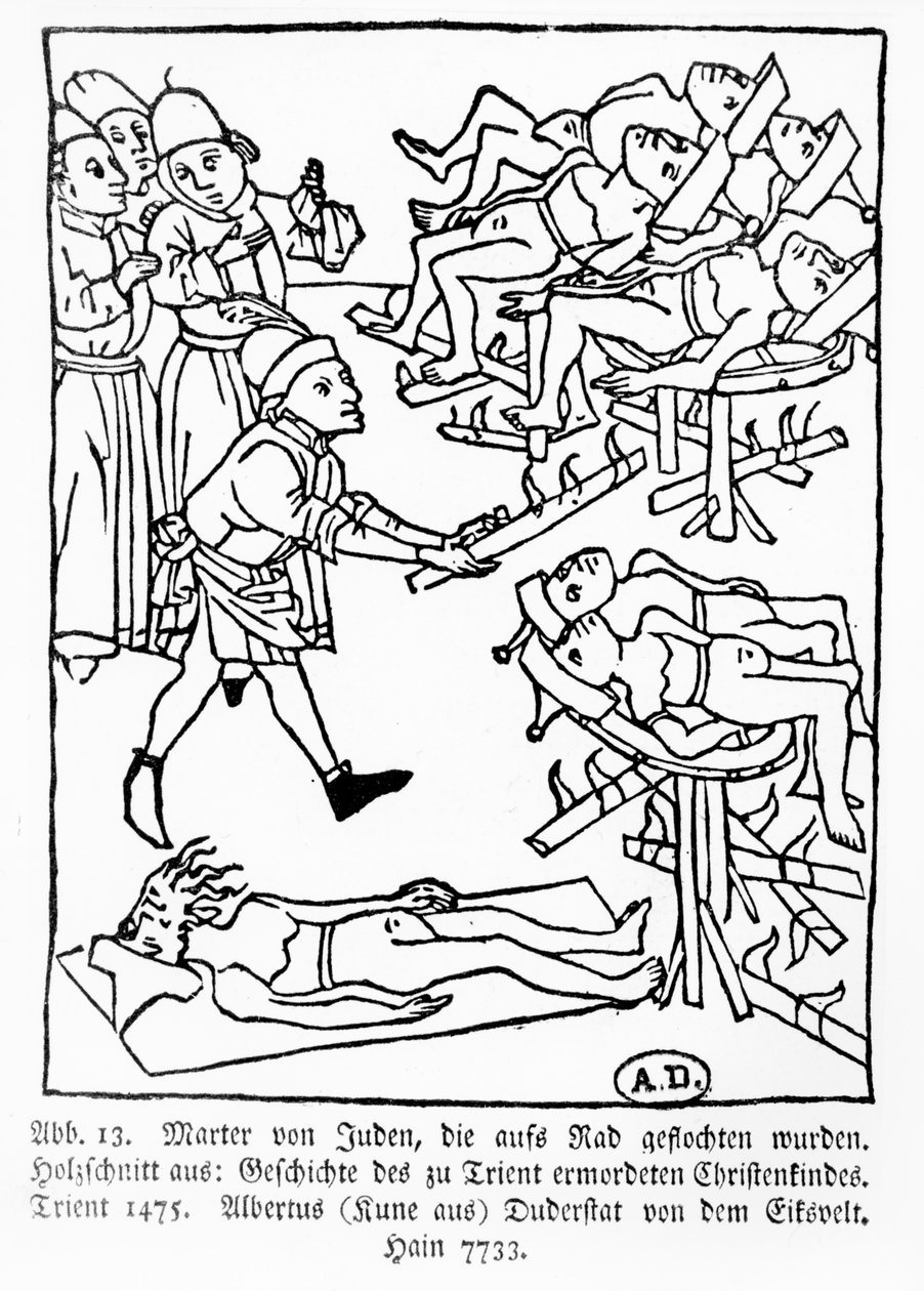 Mučednictví Židů na kole, z Historie křesťanského dítěte zavražděného v Trentu, publikoval v Trentu Albertus Kune, 1475 od German School