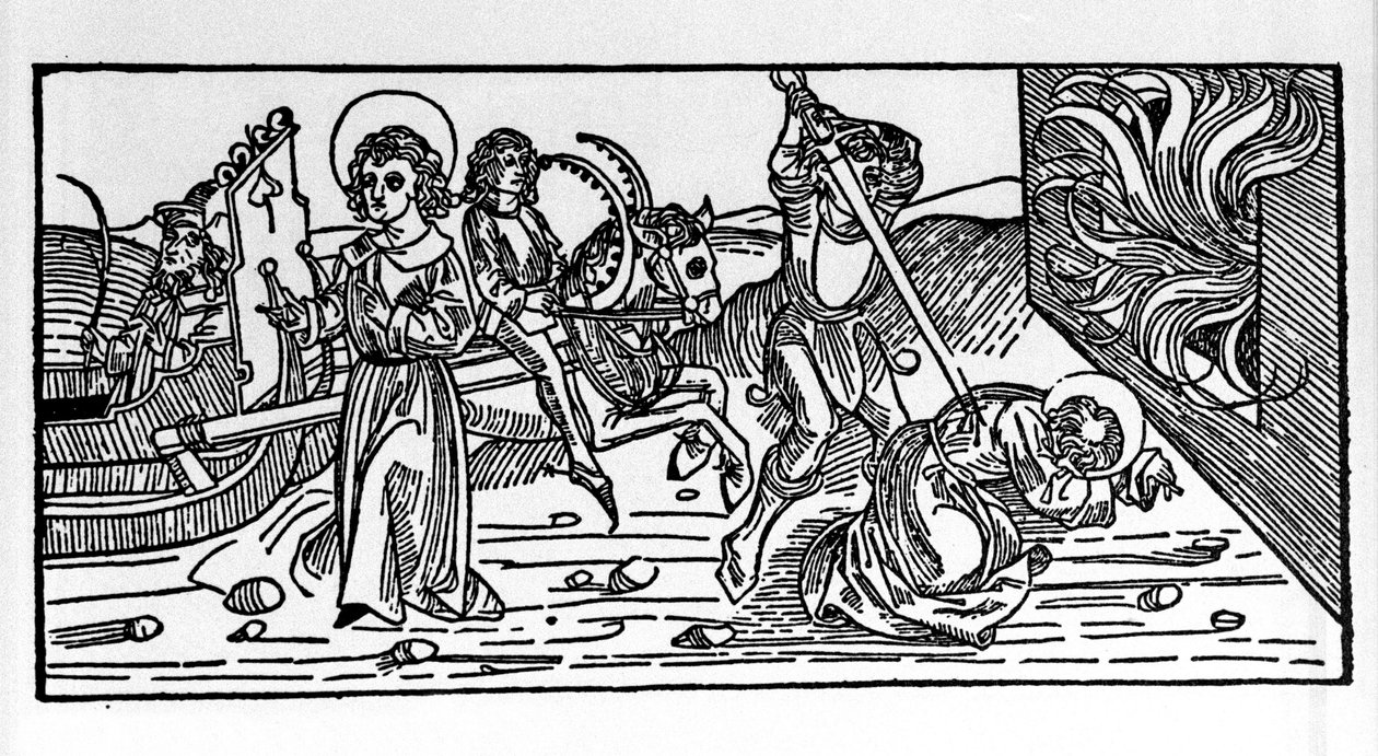 Umučení svatého Polykarpa ze Smyrny (asi 69-155), eveque. Rytina z „Leben der Heiligen - Sommerteil (kniha světce)“ od Jacoba (Jakuba) z Voragine (1228-1298) od German School